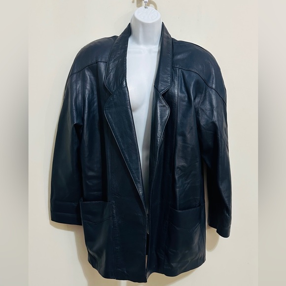 Vintage Genuine Leather Navy Blazer Style Jacket Large Front Pockets Size M - Picture 12 of 13